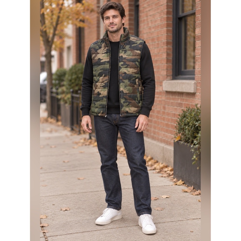Aeropostale Mens Camo Puffer Vest Remixed Down Alternative Green Brown Small